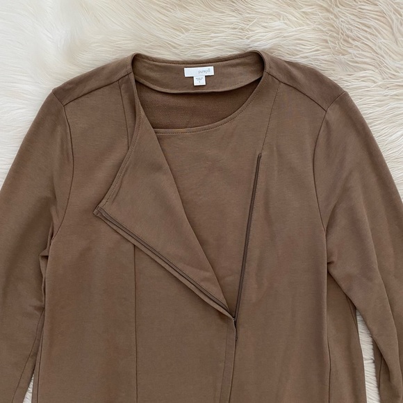 J. Jill Pure Jill Pima Cotton Tan Brown Longline 2 Way Asymmetrical Zip Jacket - Picture 2 of 11